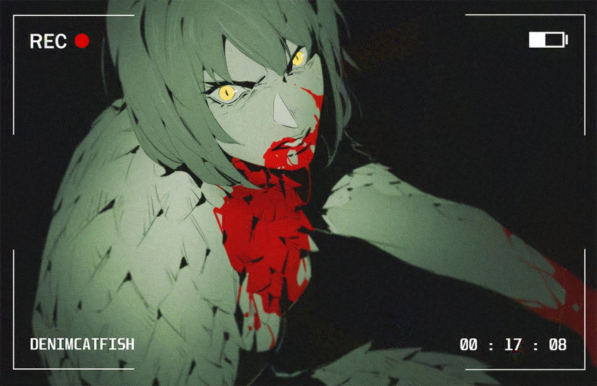 1girl battery_indicator blood blood_from_mouth blood_on_face camcorder_interface commentary denimcatfish dungeon_meshi english_commentary falin_touden falin_touden_(chimera) feathers looking_at_viewer parted_lips short_hair slit_pupils solo spoilers white_feathers yellow_eyes