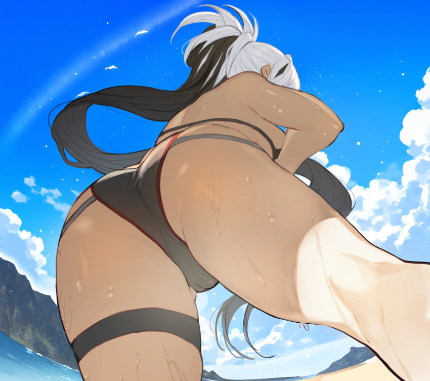 1girl absurdres ass bare_shoulders beach bikini black_hair blue_sky breasts commission fate/grand_order fate_(series) highres large_breasts long_hair nagao_kagetora_(fate) nyahpa20 pixiv_commission ponytail sky solo swimsuit thighs uesugi_kenshin_(fate) wet white_hair