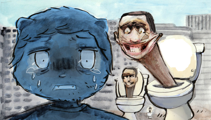 2023 anthro blue_eyes bodily_fluids city clothing creepy crying fangs grin group hair hi_res humanoid looking_at_viewer male mammal open_mouth painting_(artwork) remy_boydell scared shirt short_hair skibidi_toilet skibidi_toilet_(species) sky smile tears teeth toilet topwear traditional_media_(artwork) trio watercolor_(artwork) what