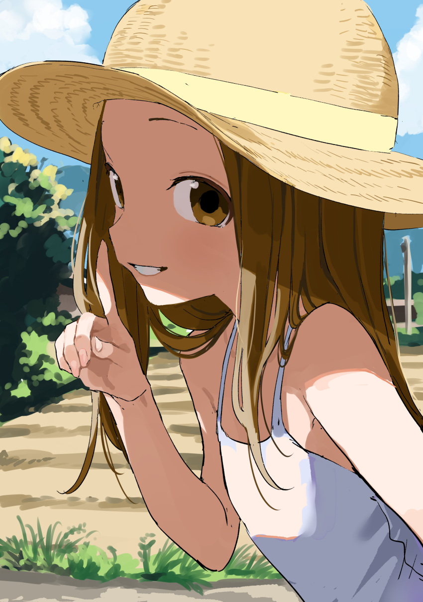 1girl absurdres bare_arms bare_shoulders blue_sky brown_eyes brown_hair brown_hat cloud commentary_request day dress forehead grin hand_up hat highres index_finger_raised karakai_jouzu_no_takagi-san long_hair outdoors parted_bangs sky sleeveless sleeveless_dress smile solo sundress takagi-san white_dress yamamoto_souichirou