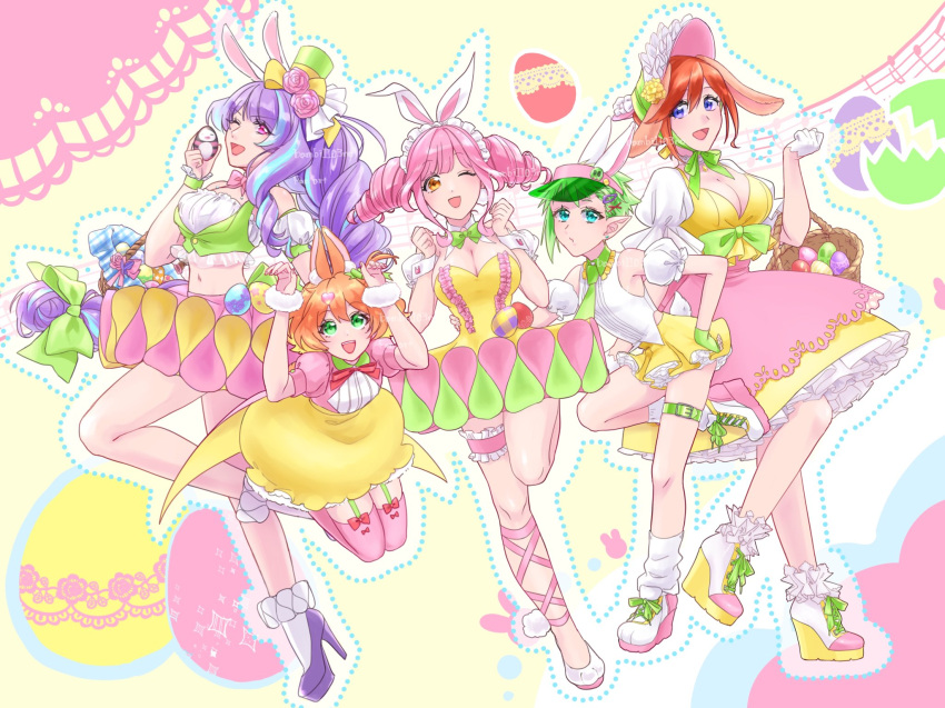 5girls animal_ears anno_(bambi1103no) basket blue_eyes bow breasts brown_eyes cleavage dress easter easter_egg egg fake_animal_ears freyja_wion frilled_dress frilled_sleeves frills green_eyes green_hair hair_between_eyes hair_ornament happy_easter heart heart_hair_ornament highres holding holding_basket holding_egg kaname_buccaneer large_breasts long_hair looking_at_viewer macross macross_delta makina_nakajima mikumo_guynemer multicolored_hair multiple_girls open_mouth orange_hair pink_hair pointy_ears purple_hair rabbit_ears red_eyes red_hair reina_prowler short_hair skirt smile streaked_hair twintails very_long_hair walkure_(macross_delta)