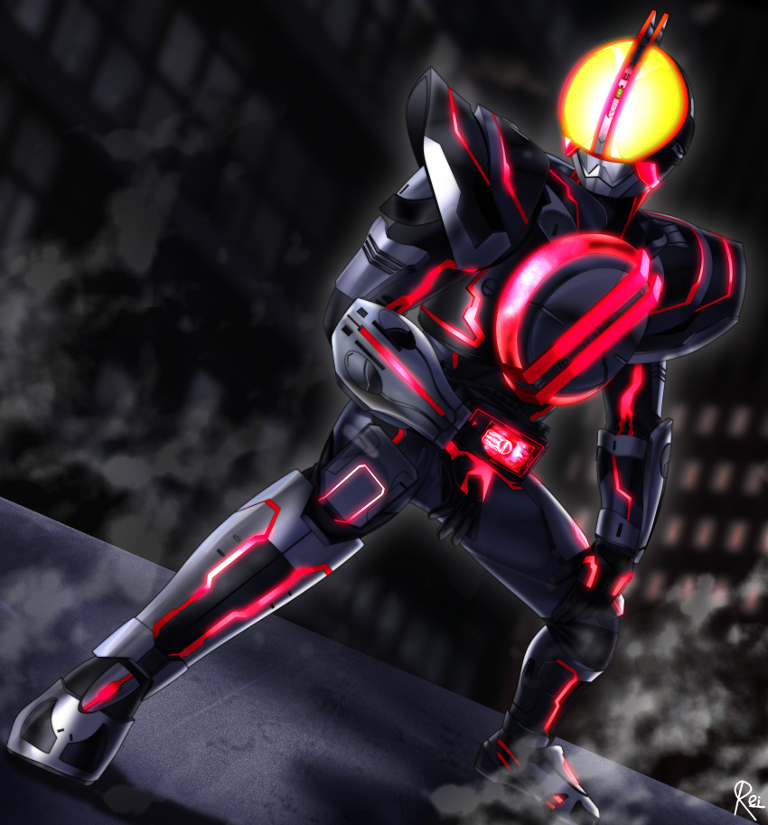 1boy absurdres armor armored_bodysuit belt black_armor bodysuit broad_shoulders chest_armor driver_(kamen_rider) faiz_driver full_body glowing glowing_eyes glowing_lines helmet highres kamen_rider kamen_rider_555 kamen_rider_555:_paradise_regained kamen_rider_faiz kamen_rider_next_faiz male_focus power_armor reiei_8 rider_belt shoulder_armor solo squatting tokusatsu yellow_eyes