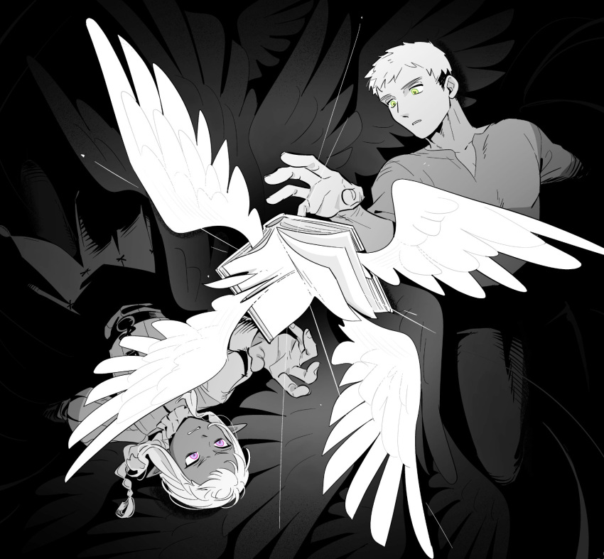 2boys black_background book dark-skinned_male dark_skin dungeon_meshi elf feathered_wings green_eyes hand_up highres laios_touden long_sleeves looking_at_object male_focus multiple_boys pants parted_lips pointy_ears purple_eyes robodumpling short_hair simple_background spot_color thistle_(dungeon_meshi) undercut upside-down very_short_hair wings