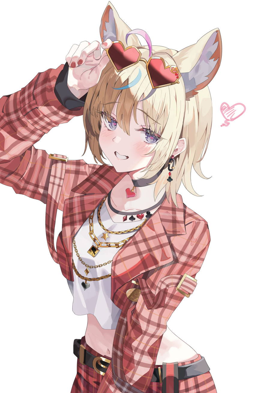 1girl absurdres ahoge animal_ear_fluff animal_ears belt black_belt black_choker blonde_hair blue_hair checkered_clothes checkered_jacket checkered_pants choker club_(shape) collarbone cowboy_shot crop_top diamond_(shape) diamond_necklace eyes_visible_through_hair grey_eyes grey_hair hair_between_eyes hair_flaps hand_on_own_head heart heart-shaped_eyewear heart-shaped_pupils heart_choker heart_necklace highres hololive jacket jewelry light_blush looking_at_viewer mahyo multicolored_hair multiple_necklaces navel necklace omaru_polka open_clothes open_jacket open_mouth purple_hair red_nails smile solo spade_(shape) square_necklace star_(symbol) star_necklace streaked_hair symbol-shaped_pupils teeth white_background white_undershirt