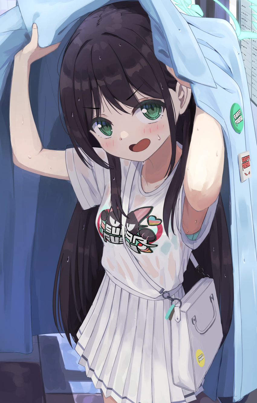 1girl absurdres airi_(band)_(blue_archive) airi_(blue_archive) alternate_costume armpits arms_up bag black_hair blue_archive blush bra breasts collarbone commentary_request cpk_prd green_eyes hair_ornament halo highres jacket long_hair looking_at_viewer open_mouth school_uniform shirt small_breasts solo sweat underwear wet