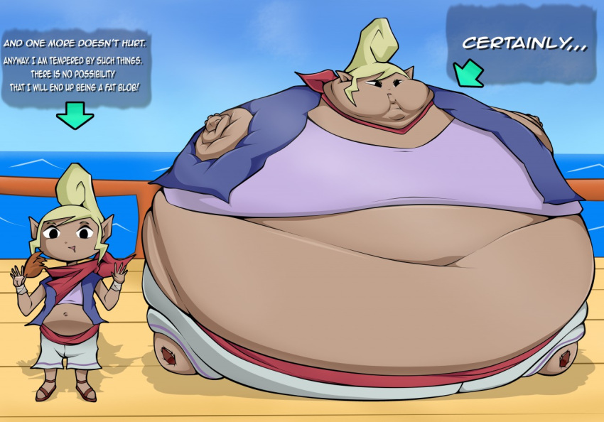 2019 belly big_belly black_eyes blonde_hair blue_clothing blue_coat blue_topwear bottomwear cel_shading cheek_bulge chubby_cheeks clothed clothing coat colored digital_media_(artwork) edgeofmind english_text fat_fetish female food grey_bottomwear grey_clothing grey_pants hair holding_food holding_object huge_belly huge_cheeks humanoid hylian hyper hyper_belly immobile morbidly_obese morbidly_obese_female morbidly_obese_humanoid nintendo not_furry obese obese_female obese_humanoid open_clothing open_coat open_topwear overweight overweight_female overweight_humanoid pants pirate pirate_leader_tetra purple_clothing purple_shirt purple_topwear round_body sea shaded ship shirt solo tan_body tan_skin text the_legend_of_zelda topwear vehicle water watercraft wind_waker