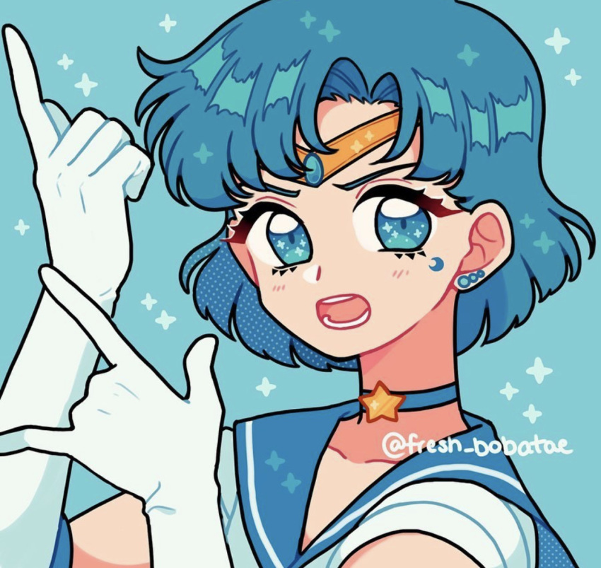 1girl bishoujo_senshi_sailor_moon blue_background blue_choker blue_eyes blue_hair blue_sailor_collar choker earrings emily_kim gloves halftone_texture inner_senshi jewelry mizuno_ami open_mouth sailor_collar sailor_mercury sailor_senshi sailor_senshi_uniform short_hair simple_background sparkle sparkling_eyes star_(symbol) star_choker tiara twitter_username white_gloves