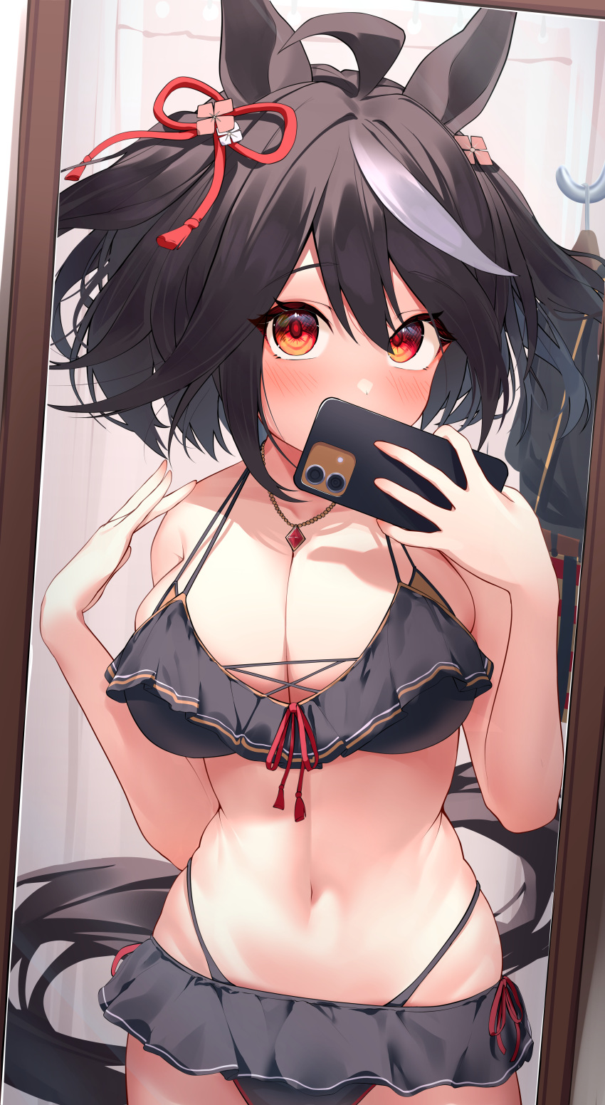 1girl absurdres ahoge alternate_costume animal_ears black_hair breasts cleavage highres horse_ears horse_girl kitasan_black_(umamusume) large_breasts looking_at_viewer multicolored_hair navel red_eyes selfie shumai_il skindentation solo streaked_hair umamusume white_hair