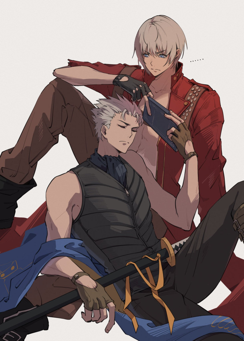 2boys belt_bra bishounen blue_coat blue_eyes book brothers closed_eyes closed_mouth coat dante_(devil_may_cry) devil_may_cry_(series) devil_may_cry_3 fingerless_gloves gloves hair_slicked_back highres holding holding_weapon katana male_focus multiple_boys red_coat siblings simple_background sitting sleeping sword tanukiono twins vergil_(devil_may_cry) weapon white_hair yamato_(sword)