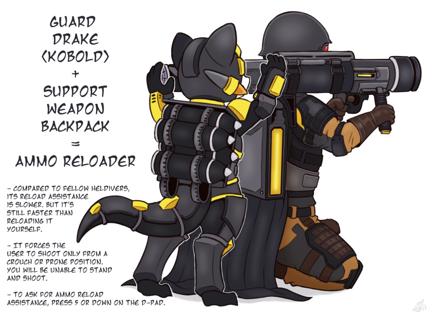 ambiguous_gender armor backpack black_armor duo english_text gun helldivers helldivers_2 human humanoid kobold mammal ranged_weapon recoilless_rifle text vavacung weapon white_body