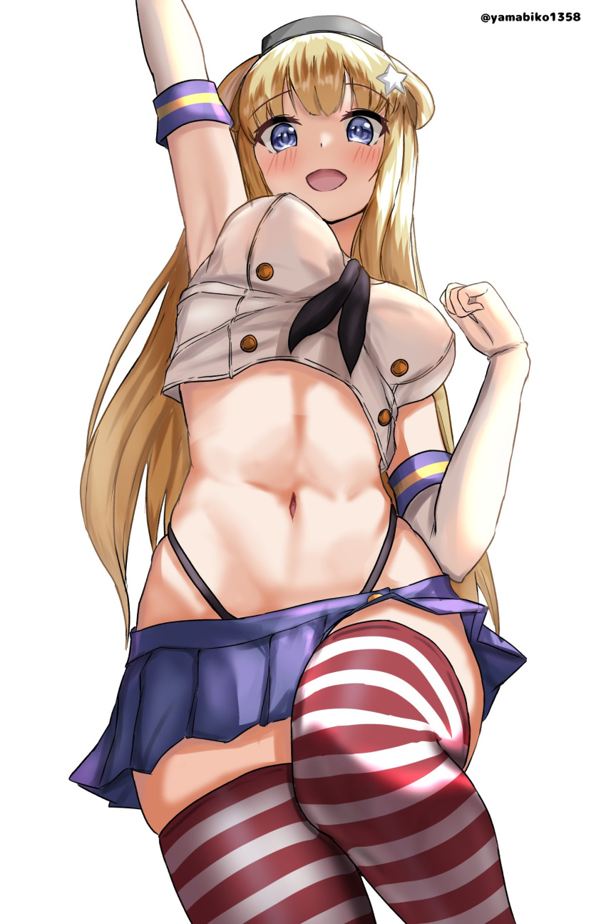 arm_up blonde_hair breasts cosplay elbow_gloves fletcher_(kancolle) gloves hair_ornament headgear highres kantai_collection large_breasts long_hair microskirt mizuki_(uzuki_no_sato) navel purple_eyes shimakaze_(kancolle) shimakaze_(kancolle)_(cosplay) simple_background skirt star_(symbol) star_hair_ornament striped_clothes striped_thighhighs thighhighs twitter_username