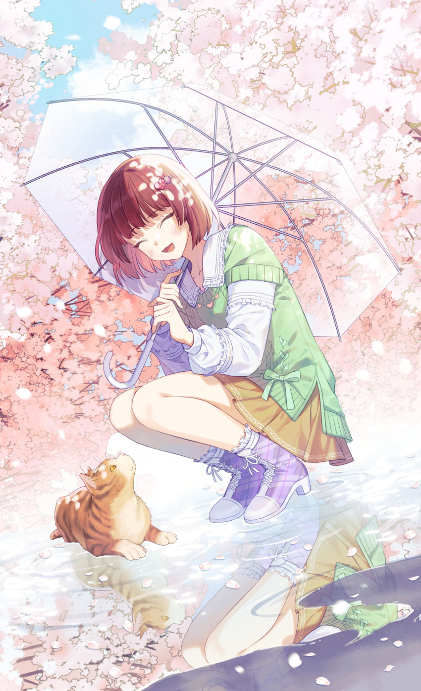 ^_^ absurdres blush chapuding cherry_blossoms closed_eyes commentary_request falling_petals frilled_sailor_collar frills highres holding holding_umbrella idolmaster idolmaster_million_live! long_sleeves nonohara_akane petals purple_footwear red_hair reflection reflective_water sailor_collar short_hair skirt smile squatting tabby_cat transparent transparent_umbrella umbrella yellow_skirt