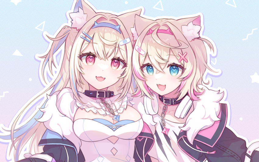 2girls :3 black_coat black_jacket blonde_hair blue_eyes blue_hair breasts cleavage coat collarbone crop_top cropped_jacket cropped_shirt crossed_bangs dog_girl dress fangs flat_chest fur-trimmed_jacket fur_trim fuwawa_abyssgard fuwawa_abyssgard_(1st_costume) gradient_background hair_ornament highres hololive hololive_english jacket large_breasts long_hair looking_at_viewer maerchen_noir mococo_abyssgard mococo_abyssgard_(1st_costume) multicolored_hair multiple_girls pendant_choker pink_eyes pink_hair polka_dot polka_dot_background shirt short_hair siblings sisters skin_fangs smile streaked_hair twins two-tone_hair two_side_up upper_body virtual_youtuber white_dress white_shirt x_hair_ornament