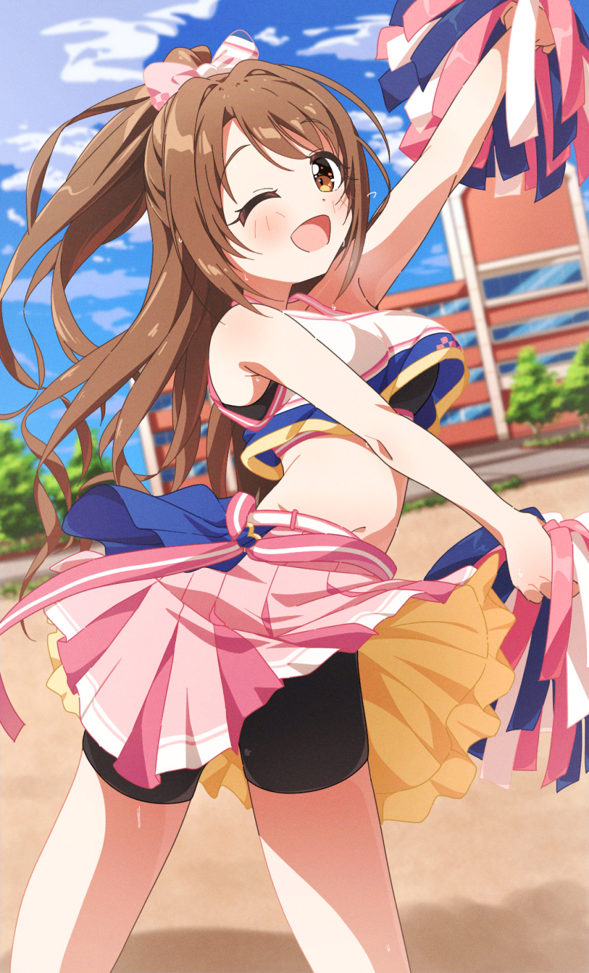 1girl ;d arm_up bike_shorts bike_shorts_under_skirt black_sports_bra blush bow breasts brown_hair cheerleader cropped_shirt feet_out_of_frame hair_bow highres holding holding_pom_poms idolmaster idolmaster_cinderella_girls long_hair looking_at_viewer medium_breasts one_eye_closed outdoors pink_skirt pleated_skirt pom_pom_(cheerleading) shimamura_uzuki shirt skirt sleeveless sleeveless_shirt smile solo sports_bra sweat two-sided_fabric two-sided_skirt very_long_hair yairo_ju