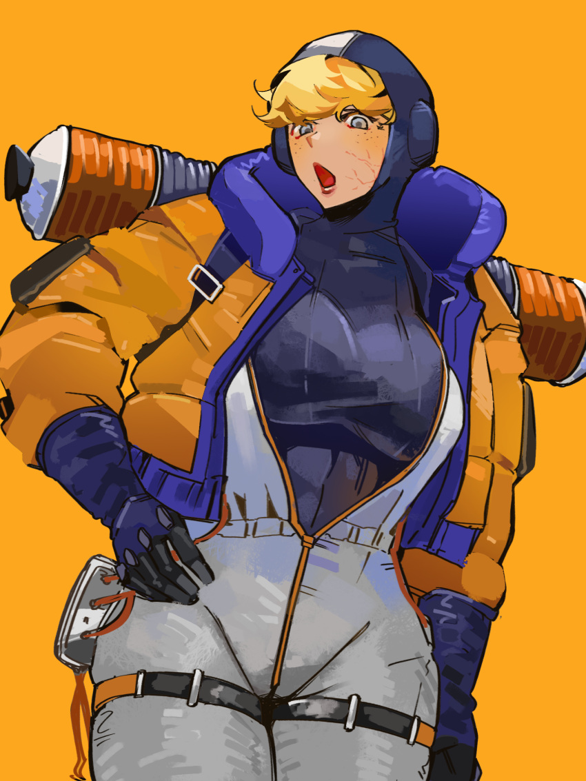 1girl animification apex_legends belt blue_bodysuit bodysuit breasts cable freckles gu_yu_yi_chong hand_on_own_hip highres hood hood_down hooded_jacket jacket medium_breasts open_mouth orange_background orange_jacket ribbed_bodysuit scar scar_on_cheek scar_on_face solo surprised thigh_belt thigh_strap wattson_(apex_legends) white_bodysuit