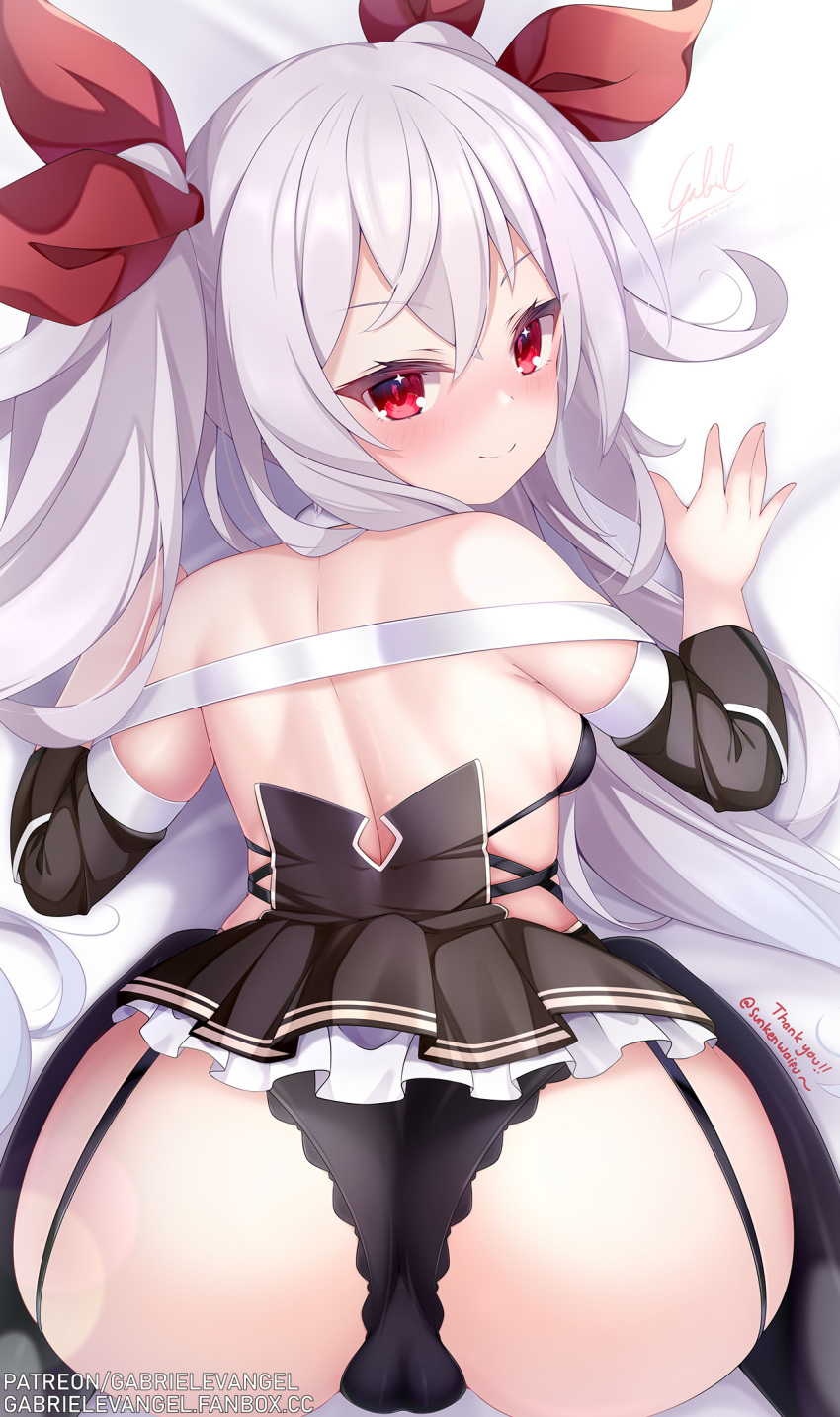 1girl all_fours ass azur_lane backboob backless_dress backless_outfit bare_shoulders bent_over black_panties blush boots breasts cameltoe detached_sleeves dress from_above gabriel_evangel garter_straps hair_between_eyes hair_ribbon highres kneeling long_hair looking_at_viewer looking_back panties red_eyes red_ribbon ribbon short_dress small_breasts smile solo thigh_boots top-down_bottom-up underwear upskirt vampire_(azur_lane) very_long_hair white_hair