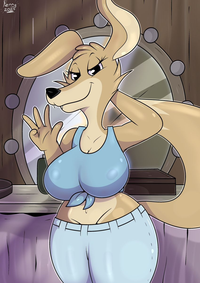absurd_res anthro big_breasts blinky_bill_(series) bottomwear breasts canid canine canis clothed clothing daisy_dingo detailed_background digital_media_(artwork) dingo female fennythefox fur hair hi_res humanoid looking_at_viewer mammal pants pinup pose seductive simple_background small_breasts smile snout solo tail thick_thighs topwear