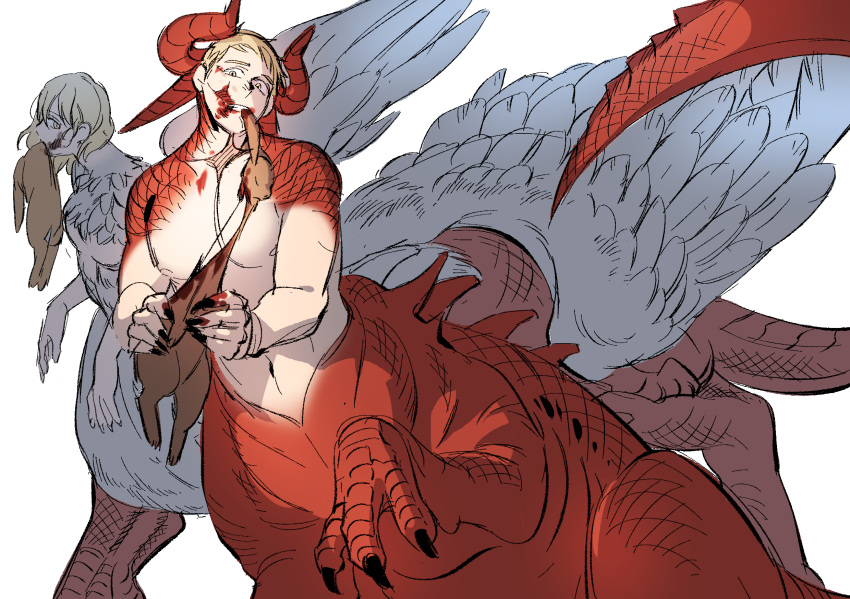 1boy 1girl blonde_hair blood blood_on_chest blood_on_face brother_and_sister carcass centauroid claws clenched_teeth commentary_request daki_info dead_animal dragon_boy dragon_girl dragon_horns dragon_tail dungeon_meshi eating falin_touden falin_touden_(chimera) feathered_wings feathers hands_up highres holding horns korean_commentary laios_touden looking_at_another looking_at_viewer monster_boy monster_girl monsterification mouth_hold multiple_horns nipples rabbit red_horns red_scales scales short_hair siblings simple_background sitting standing tail taur teeth very_short_hair white_background wings yellow_eyes