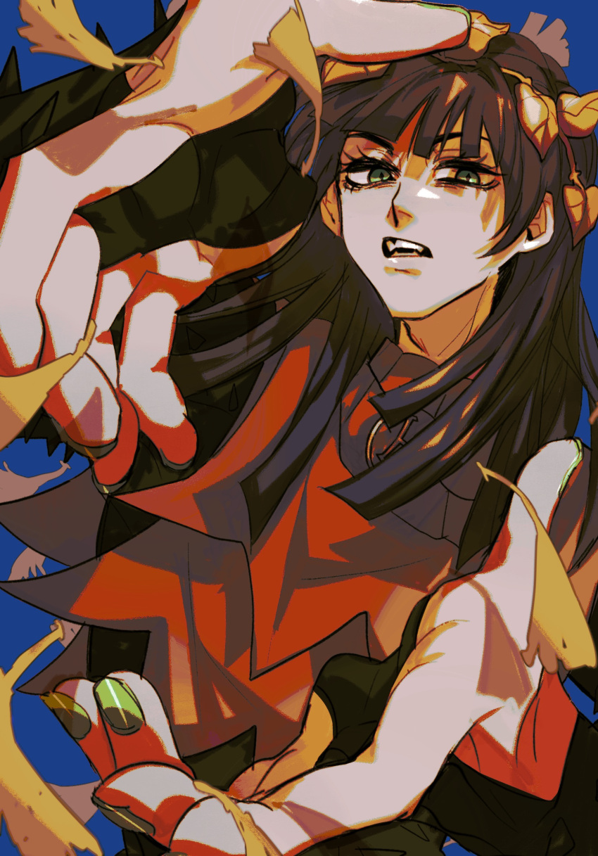 1boy black_hair blue_background blunt_bangs bridal_gauntlets ginkgo_leaf green_eyes green_nails hair_ornament highres jojo_no_kimyou_na_bouken jojolion leaf leaf_hair_ornament long_hair male_focus nail_polish open_mouth outstretched_hand slit_pupils solo swampland yagiyama_yotsuyu