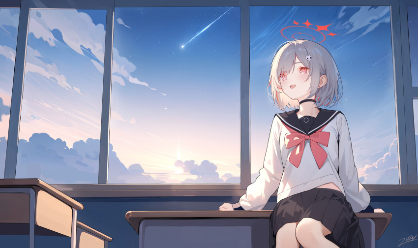 1girl absurdres black_choker blue_archive blue_skirt blue_sky chair choker classroom cloud comet crosshair_pupils dtto. hair_ornament highres multicolored_hair pale_skin pleated_skirt red_eyes red_hair reject_(esports) sailor_collar school_chair school_uniform serafuku shirt short_hair skirt skull_hair_ornament skull_ornament sky smile utaite virtual_youtuber white_hair white_shirt window zuu_(qq770463651)