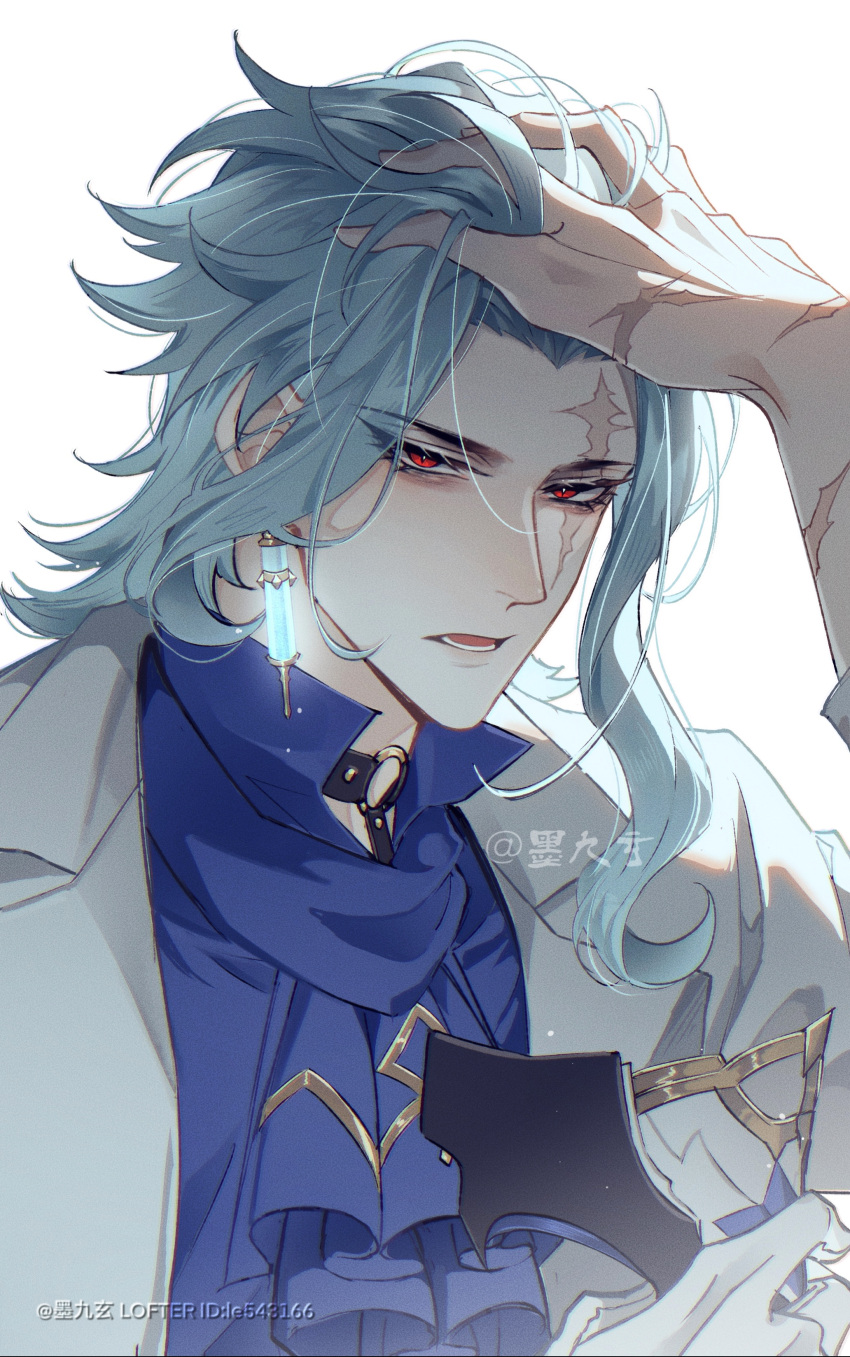 1boy absurdres artist_name ascot black_choker blue_ascot blue_hair blue_shirt chinese_commentary choker coat collared_shirt commentary_request dottore_(genshin_impact) eye_mask genshin_impact hands_up highres holding holding_mask lapels light_particles lofter_username long_sleeves looking_at_viewer lower_teeth_only male_focus mask medium_hair mojiuxuan multiple_scars o-ring o-ring_choker open_clothes open_coat open_mouth parted_bangs red_eyes scar scar_across_eye scar_on_arm shirt sidelocks simple_background solo teeth unworn_mask upper_body white_background white_coat