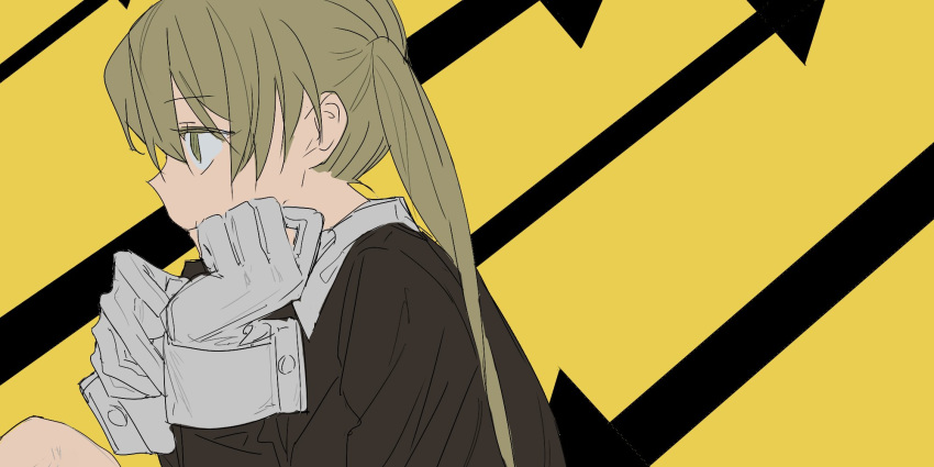 1girl arrow_(symbol) arrow_background black_shirt blonde_hair closed_mouth expressionless glove_pull hands_up highres knee_up long_hair long_sleeves looking_ahead maka_albarn popoyu profile shirt sleeve_cuffs solo soul_eater twintails upper_body wrist_cuffs yellow_background yellow_eyes