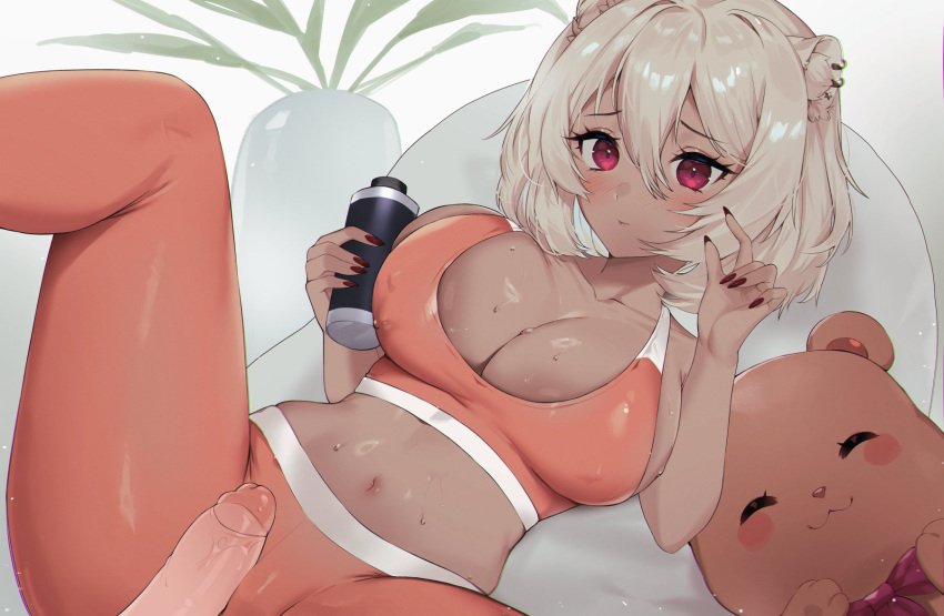 1boy 1girl animal_ears bear_ears black_nails bottle breasts cleavage closed_mouth covered_nipples fingernails hachimitsu_ai hair_between_eyes hetero highres holding holding_bottle indie_virtual_youtuber large_breasts leggings light_brown_hair long_fingernails lost-phews lying midriff navel on_back orange_leggings orange_sports_bra penis red_eyes short_hair solo_focus sports_bra stuffed_animal stuffed_toy sweat teddy_bear uncensored virtual_youtuber