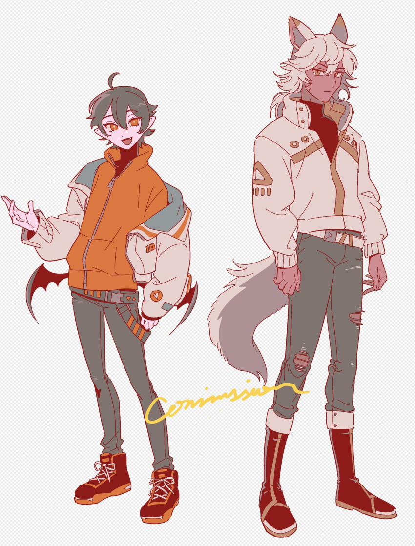 2boys ahoge animal_ear_fluff animal_ears bat_wings black_hair black_wings boots bright_pupils brown_eyes brown_jacket closed_mouth collared_jacket colored_skin commentary commission dark-skinned_male dark_skin denim english_text fake_transparency fang full_body grey_pants hand_up high_collar highres jacket jacket_partially_removed jeans long_sleeves looking_at_viewer low_wings male_focus multiple_boys open_mouth orange_eyes orange_footwear orange_jacket original pants pink_skin pointy_ears robodumpling shoes short_hair slit_pupils sneakers standing symbol-only_commentary tail torn_clothes torn_jeans torn_pants turtleneck vampire wings wolf_boy wolf_ears wolf_tail