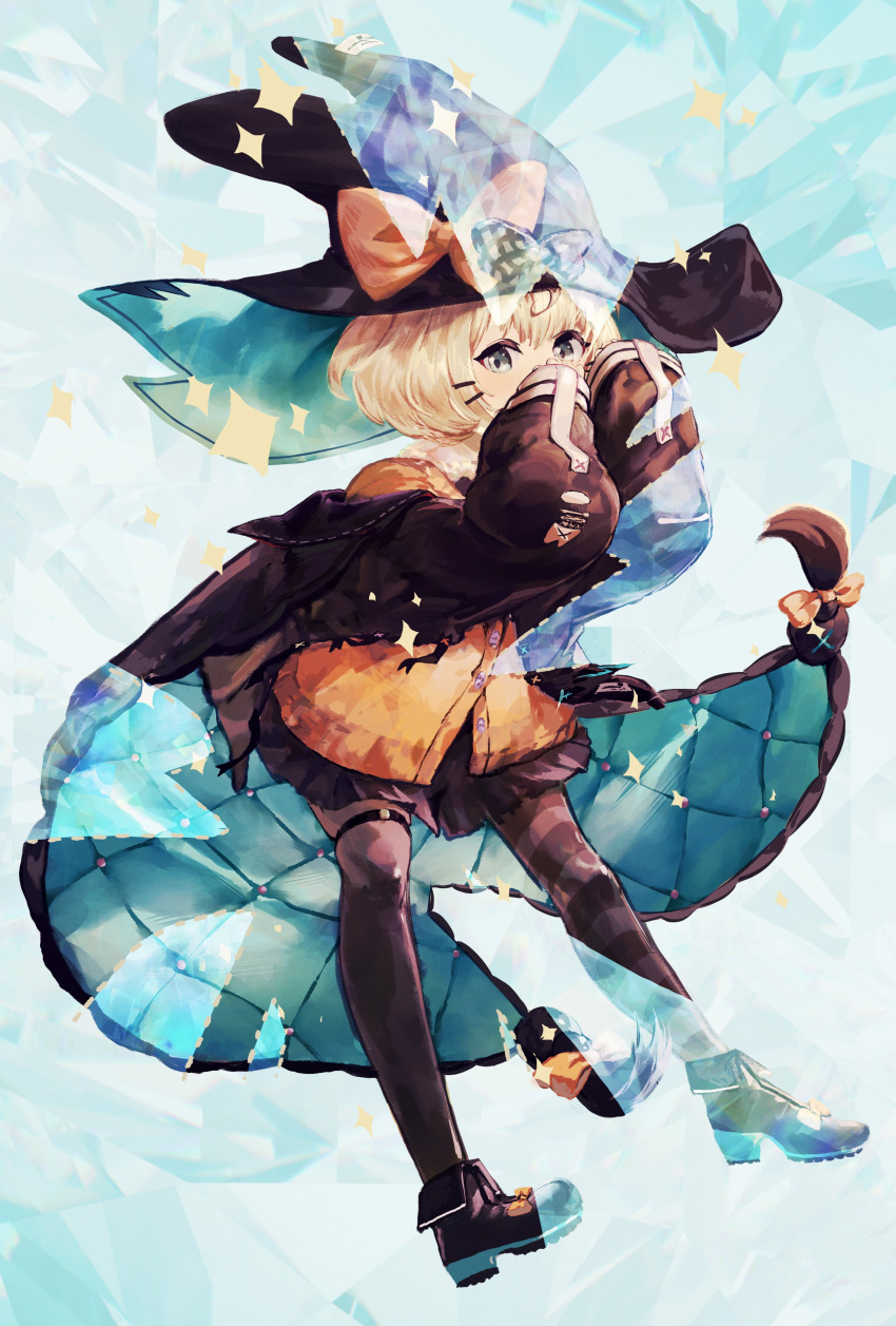 absurdres asymmetrical_legwear black_jacket blonde_hair blue_eyes bow cardigan full_body ghiacciomania hat hat_bow highres jacket large_hat medium_hair millie_parfait millie_parfait_(1st_costume) mismatched_legwear nijisanji nijisanji_en off_shoulder orange_cardigan sleeves_past_wrists sparkle thigh_strap virtual_youtuber witch_hat