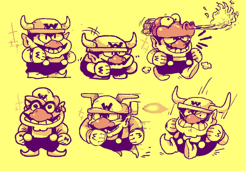 1boy animal_hat big_nose cleft_chin facial_hair fake_horns fire gloves grin hat helmet horned_helmet horns mangoso multiple_views mustache overalls shirt simple_background smile wario wario_land wario_land:_super_mario_land_3 yellow_background