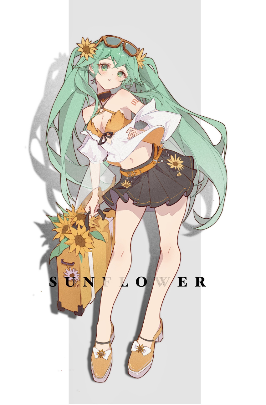 1girl absurdres arm_tattoo belt belt_buckle black_choker black_skirt bow bra breasts buckle choker cleavage cloudyman eyewear_on_head floating_hair flower footwear_bow full_body green_eyes green_hair grey_background hair_flower hair_ornament hatsune_miku head_tilt highres holding holding_suitcase long_hair looking_at_viewer midriff miniskirt navel number_tattoo orange-tinted_eyewear orange_belt orange_bra orange_footwear pleated_skirt shadow shirt skirt small_breasts solo standing stomach suitcase sunflower sunglasses tattoo tinted_eyewear twintails two-tone_background underwear very_long_hair vocaloid white_background white_bow white_shirt yellow_flower