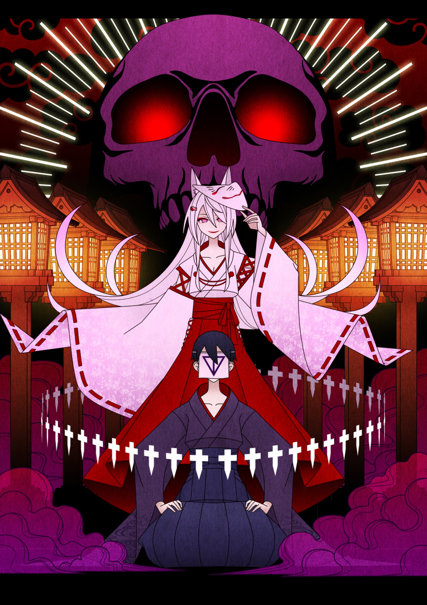 1boy 1girl animal_ears behind_another black_hair black_hakama black_kimono breasts cleavage collarbone commentary_request covered_face eyeshadow fox_ears fox_mask hair_between_eyes hair_ornament hairclip hakama hakama_skirt hand_up hands_on_lap highres hinoyama_ena hip_vent japanese_clothes kenmochi_touya kenmochi_touya_(2nd_costume) kimono long_hair long_sleeves looking_at_viewer makeup mask mask_lift mask_on_head miko nijisanji pink_eyes red_eyeshadow red_hakama ritual seiza shiina_yuika shiina_yuika_(3rd_costume) shikigami short_hair sitting skirt skull smile smoke standing stone_lantern straight-on symbol-shaped_pupils very_long_hair virtual_youtuber white_hair white_kimono whorled_clouds wide_sleeves x-shaped_pupils