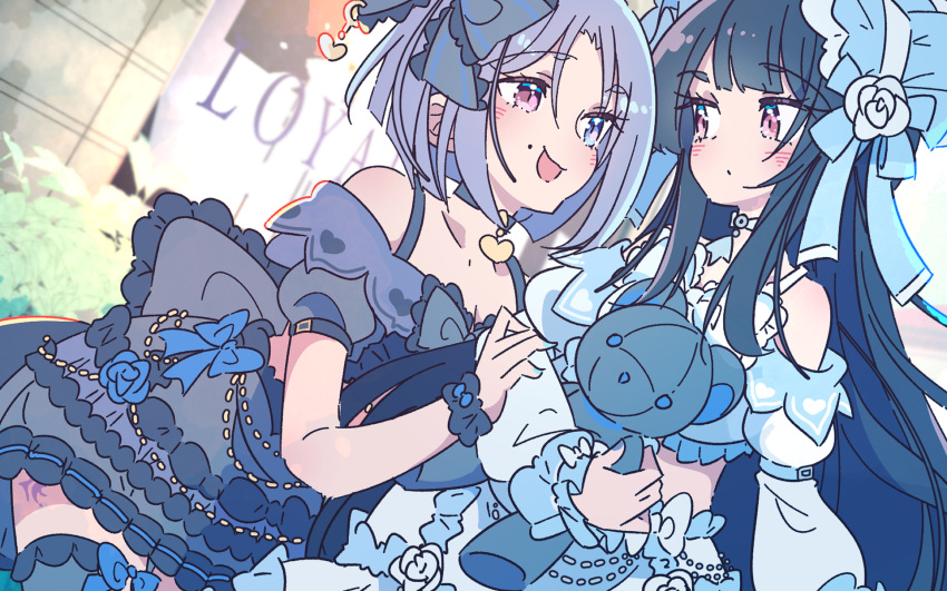 2girls arm_at_side assault_lily back_bow bare_shoulders black_bow black_choker black_dress black_hair black_thighhighs blue_bow blue_bowtie blue_choker blue_dress blue_eyes blue_flower blue_rose blunt_bangs blunt_ends blurry blurry_background blush bob_cut bonnet bow bowtie breasts choker cleavage closed_mouth clothing_cutout commentary_request cowboy_shot day dress dress_flower dutch_angle eye_contact flower frilled_bow frilled_dress frilled_sleeves frills grey_hair hair_bow hair_flower hair_ornament hand_on_another's_arm hand_up heart heart_choker heart_print heterochromia highres holding holding_stuffed_toy honkawa_works juliet_sleeves kagawa_makina leg_tattoo lolita_fashion long_hair long_sleeves looking_at_another mole mole_above_mouth morimoto_yuni multiple_girls official_alternate_costume open_mouth outdoors parted_bangs pendant_choker pink_eyes plant print_dress puffy_sleeves rose short_hair short_sleeves shoulder_cutout side_cutout sidelocks sitting smile stomach_cutout stuffed_animal stuffed_toy sweet_lolita tattoo teddy_bear thighhighs two-tone_bowtie two-tone_dress very_long_hair white_bow white_bowtie white_dress white_flower white_rose