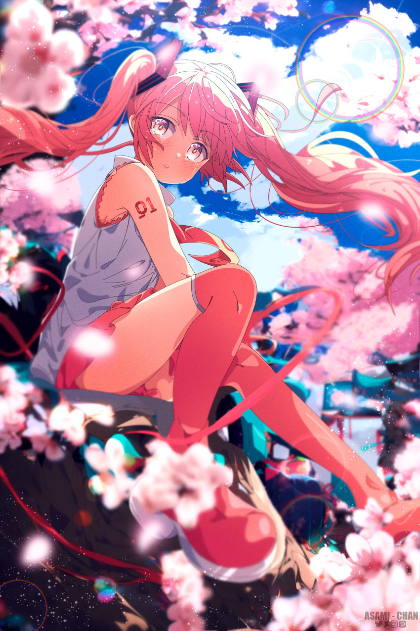 1girl absurdres arm_tattoo asami-chan blurry blurry_foreground blush boots cherry_blossoms crying floating_hair flower hatsune_miku highres in_tree lens_flare long_hair looking_at_viewer miniskirt number_tattoo parted_lips pink_eyes pink_flower pink_footwear pink_hair pink_skirt pleated_skirt sakura_miku shirt sitting sitting_in_tree skirt sleeveless sleeveless_shirt solo spring_(season) tattoo tears tree twintails vocaloid white_shirt