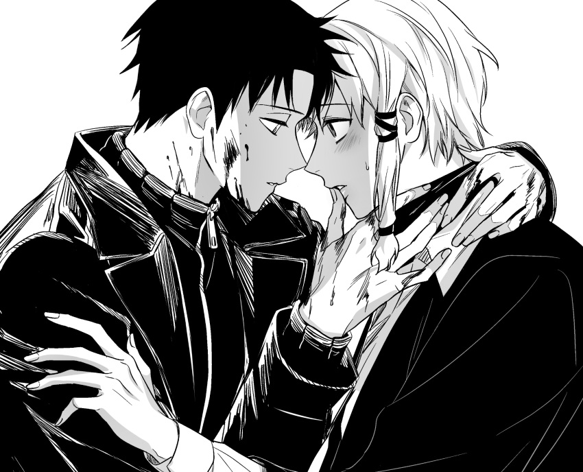 2boys arm_around_shoulder black_coat black_hair black_jacket blood blood_on_face blood_on_hands blush coat finger_to_mouth greyscale hand_on_another's_shoulder highres imminent_kiss jacket kagurabachi lama_(lamao_bachi) looking_at_another male_focus monochrome multiple_boys parted_lips rokuhira_chihiro sazanami_hakuri short_hair simple_background single_sidelock white_background yaoi zipper