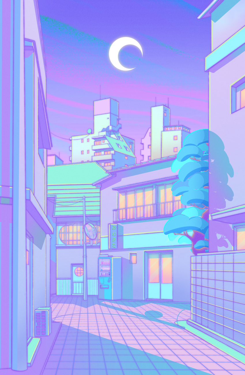 absurdres building city crescent_moon highres moon night no_humans original outdoors owakita pastel_colors purple_sky purple_theme scenery sky skyline tile_floor tile_wall tiles traffic_mirror vending_machine