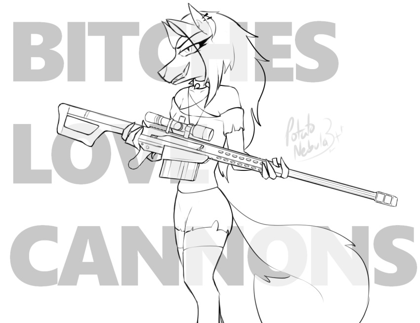 2023 anthro anti_material_rifle bottomwear canid canid_demon canine clothing collar demon ear_piercing english_text eye_through_hair eyebrow_through_hair eyebrows eyelashes female female_anthro fluffy fluffy_tail fur grey_text greyscale gun hair head_turned hellhound helluva_boss holding_gun holding_object holding_ranged_weapon holding_rifle holding_weapon legwear long_hair looking_at_viewer loona_(helluva_boss) mammal monochrome mythological_canine mythological_creature mythology occult_symbol pentagram piercing potatonebula prick_ears profanity pupils ranged_weapon scope shirt signature skirt slit_pupils smile smirk snout solo spiked_collar spikes standing symbol tail teeth text thigh_highs topwear torn_clothing torn_shirt torn_skirt torn_topwear translucent translucent_hair weapon