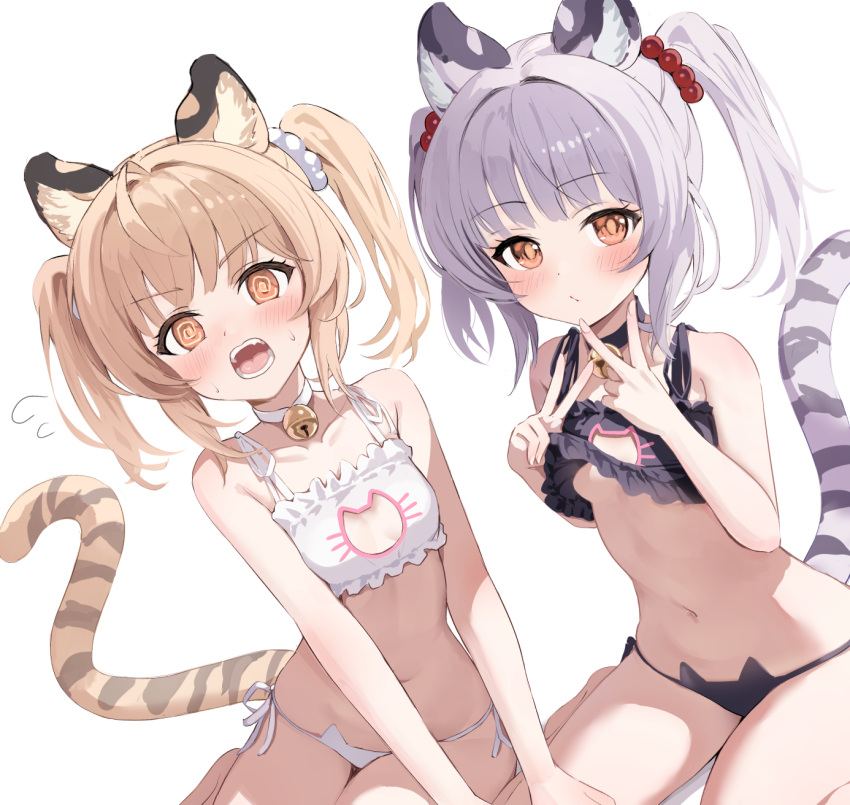 2girls @_@ animal_cutout animal_ears arm_support bai_(granblue_fantasy) bare_shoulders bell black_bra black_panties blonde_hair blunt_bangs blush bra breasts cat_cutout cat_ear_panties cat_lingerie cleavage_cutout closed_mouth clothing_cutout commentary_request double_v erune frilled_bra frills granblue_fantasy grey_hair highres huang_(granblue_fantasy) jingle_bell kimblee looking_at_viewer meme_attire multiple_girls navel neck_bell open_mouth panties siblings side-tie_panties sisters sitting small_breasts tail tiger_ears tiger_girl tiger_stripes tiger_tail twins twintails underwear underwear_only v white_bra white_panties