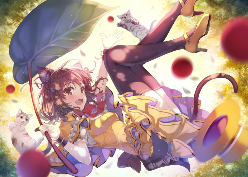 1girl :d animal_ear_fluff animal_ears backlighting blurry blurry_foreground bow bowtie brown_eyes brown_hair capelet cat cat_ears cat_girl cat_tail dappled_sunlight dress fang floating_hair frilled_capelet frills from_side high_heels highres holding layered_dress medium_hair misaki_kurehito open_mouth original outstretched_arm pinafore_dress pumps purple_thighhighs red_bow red_bowtie shirt short_dress short_sleeves sleeveless sleeveless_dress smile solo sunlight tail thighhighs white_shirt yellow_capelet yellow_dress yellow_footwear