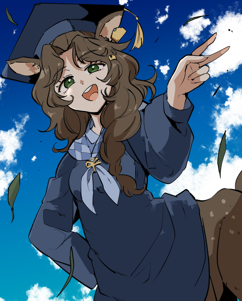 1girl :d animal_ears black_hat black_robe blue_sky breasts brown_hair centauroid cloud commentary cowboy_shot day deer_ears deer_girl deer_tail ear_tag green_eyes grey_neckerchief hair_ornament hairclip hand_on_own_hip hat hat_tassel highres jessica_(reverse:1999) long_hair long_sleeves looking_at_viewer monster_girl mortarboard neckerchief open_mouth parted_bangs reverse:1999 robe sidelocks sky small_breasts smile solo standing tail tassel taur teeth upper_teeth_only v ziyunshanding