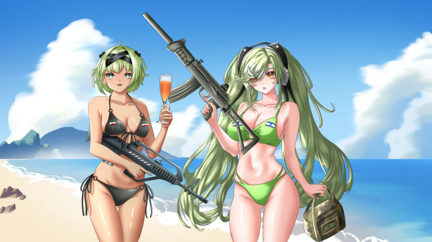 2girls absurdres ahomushi994 assault_rifle battlefield_(series) battlefield_3 bikini black_bikini breasts bullpup chameleon earphones girls'_frontline green_bikini green_eyes green_hair gun highres kh2002_(girls'_frontline) large_breasts long_hair magal_(girls'_frontline) medium_breasts multiple_girls rifle self-upload short_hair swimsuit twintails weapon yellow_eyes