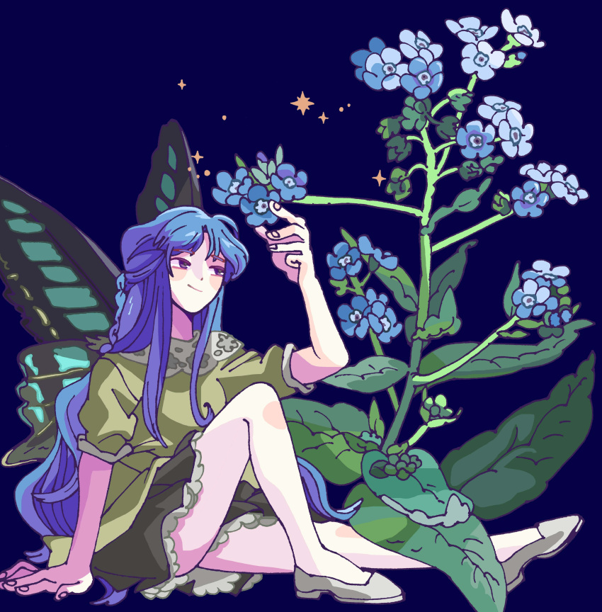 1girl absurdres arm_support black_background blue_eyes blue_hair butterfly_wings flower frilled_skirt frills green_shirt green_skirt grey_footwear highres insect_wings knee_up long_hair mixed-language_commentary original shirt shwanpai simple_background sitting skirt solo wings