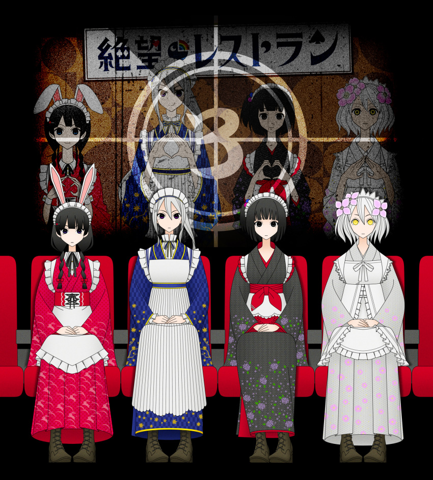 4girls alternate_costume amemori_sayo animal_ears animal_print anniversary apron artist_self-reference black_eyes black_hair black_kimono blue_kimono boots braid brown_footwear closed_mouth club_(shape) commentary_request countdown_timer cross-laced_footwear diamond_(shape) diamond_hands expressionless fake_animal_ears floral_print_kimono grey_hair grey_kimono hair_over_shoulder hands_on_lap heart heart_hands highres higuchi_kaede hinoyama_ena japanese_clothes kimono kudou_chitose kumeta_kouji_(style) lineup long_hair long_sleeves looking_at_viewer low_twin_braids maid maid_headdress movie_theater multiple_girls multiple_views nijisanji one_side_up parody ponytail print_kimono rabbit_ears rabbit_print red_kimono sayonara_zetsubou_sensei short_hair sitting spade_(shape) star_(symbol) star_print style_parody theater_seating tsukino_mito twin_braids virtual_youtuber wa_maid white_apron white_hair wide_sleeves yellow_eyes