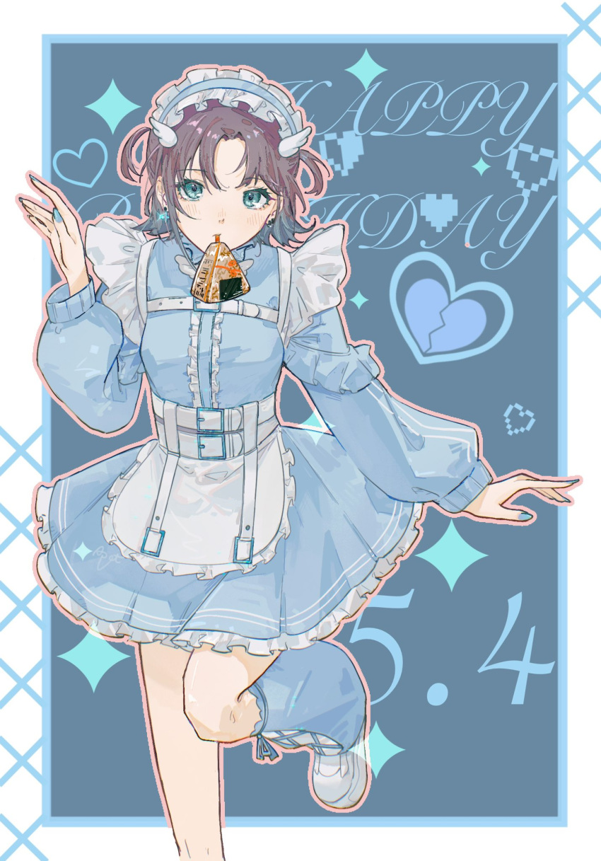 1girl 2a9um4joiu2ommf alternate_costume apron asakura_toru blue_jacket blue_skirt blue_socks blush center_frills dated earrings enmaided fingernails food frilled_hairband frills gradient_hair hairband happy_birthday highres idolmaster idolmaster_shiny_colors jacket jersey_maid jewelry long_sleeves looking_at_viewer maid mouth_hold multicolored_hair nail_polish onigiri short_hair skirt socks solo sparkle_background standing standing_on_one_leg two_side_up unconventional_maid white_apron wing_hair_ornament