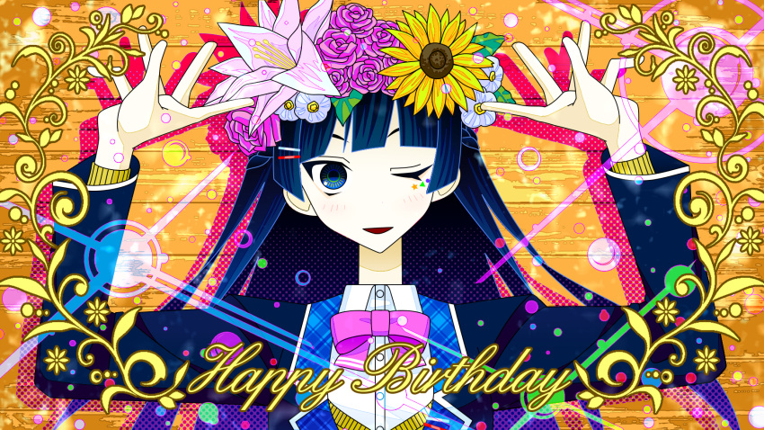 1girl black_jacket blazer blue_hair blush bow bowtie collared_shirt cursive dress_shirt drop_shadow facial_mark floral_border flower hair_flower hair_ornament hairclip half_updo halftone_texture hands_up happy_birthday head_wreath highres hime_cut hinoyama_ena jacket kumeta_kouji_(style) lapels long_hair long_sleeves looking_at_viewer nijisanji one_eye_closed open_mouth parody pink_bow pink_bowtie school_uniform shirt smile solo style_parody tsukino_mito tsukino_mito_(1st_costume) upper_body virtual_youtuber white_shirt wooden_wall yellow_flower