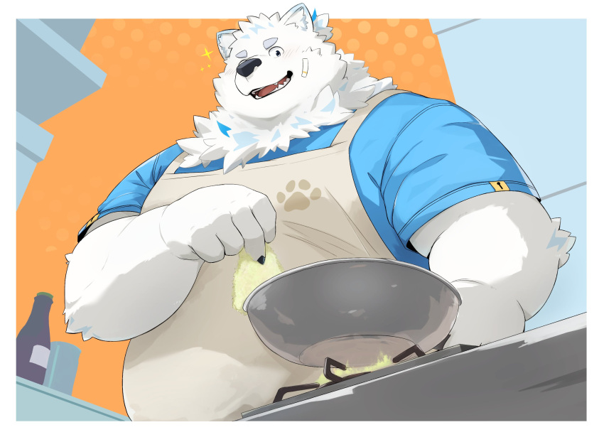 1boy animal_ears apron bandaid bandaid_on_cheek bandaid_on_face bara blue_fur blue_shirt blush bottle cooking dog_boy dog_ears fat fat_man from_below furry furry_male highres holding_pan keyhole live_a_hero looking_at_object male_focus multicolored_hair noc_(noku) open_mouth paw_print polka_dot polka_dot_background shirt short_sleeves solo sparkle stove streaked_hair thick_eyebrows white_fur yohack