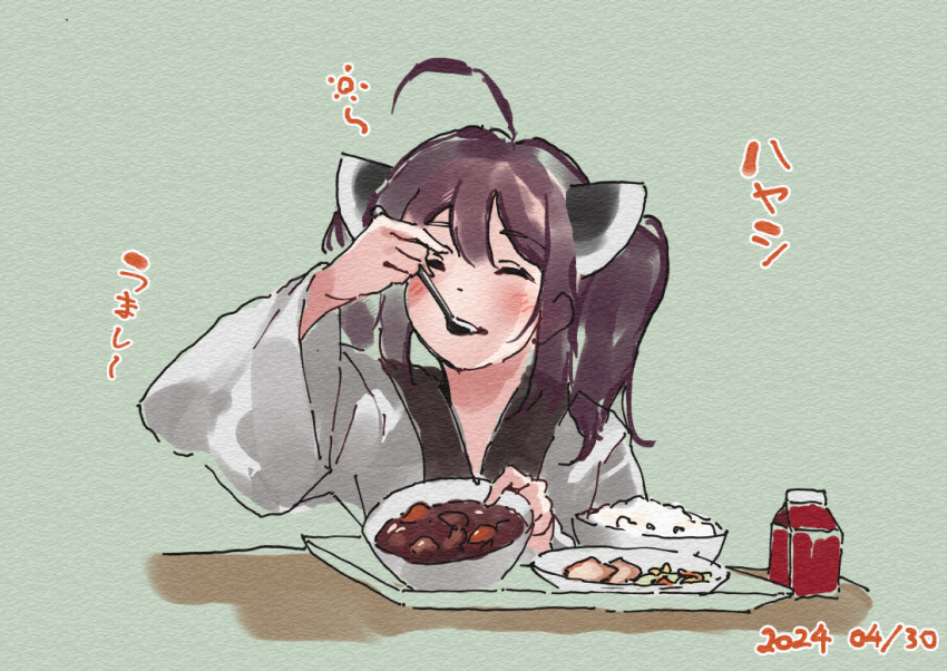 1girl ahoge blush bowl brown_hair closed_eyes closed_mouth commentary_request dated eating facing_viewer food food_request green_background grey_kimono head_tilt holding holding_spoon japanese_clothes kimono lamb_(hitsujiniku) long_sleeves plate rice solo spoon touhoku_kiritan translation_request tray twintails upper_body voiceroid wide_sleeves