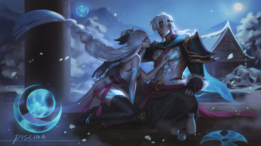 1boy 1girl abs absurdres alcohol armor artist_name black_gloves black_thighhighs blue_eyeshadow breasts eye_contact eyeshadow full_moon gloves hand_on_another's_chest headband hetero highres league_of_legends long_hair looking_at_another makeup medium_breasts moon mountainous_horizon navel night outdoors partially_fingerless_gloves pectorals piscina purple_eyes sake sitting snow_moon_syndra snow_moon_zed snowing syndra tattoo thighhighs tokkuri very_long_hair white_hair zed_(league_of_legends)