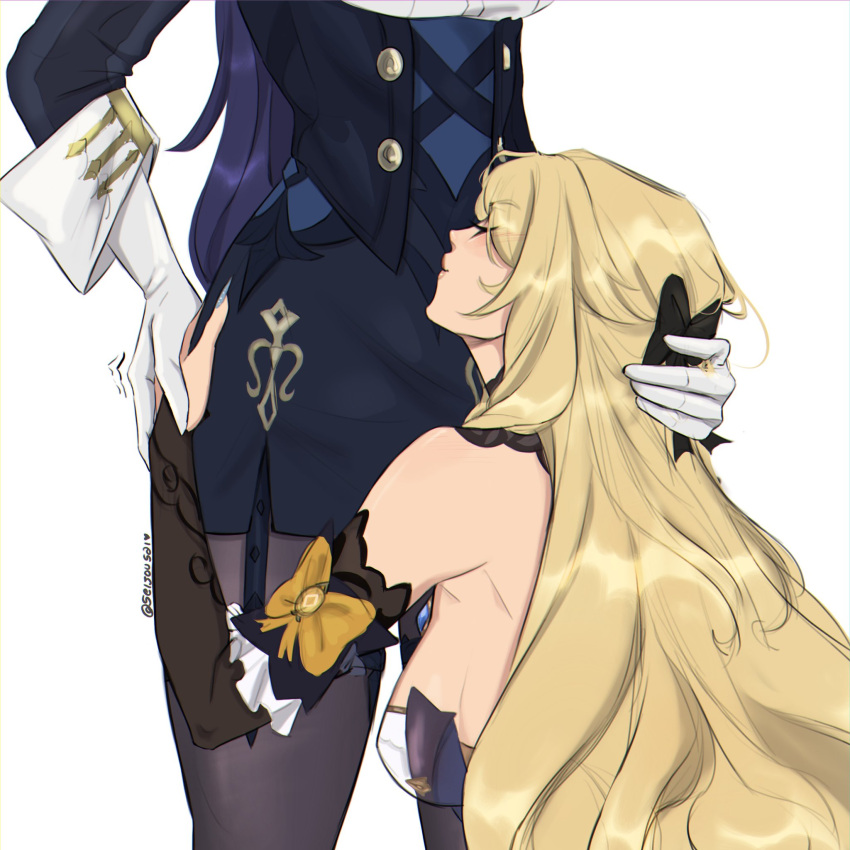 bare_shoulders black_bow blonde_hair blue_hair bow breasts clorinde_(genshin_impact) closed_eyes frills genshin_impact gloves hair_bow hand_on_another's_head hand_on_another's_hip highres holding_hands kissing_stomach large_breasts long_hair navia_(genshin_impact) seijousai sideboob skirt white_background white_gloves yuri