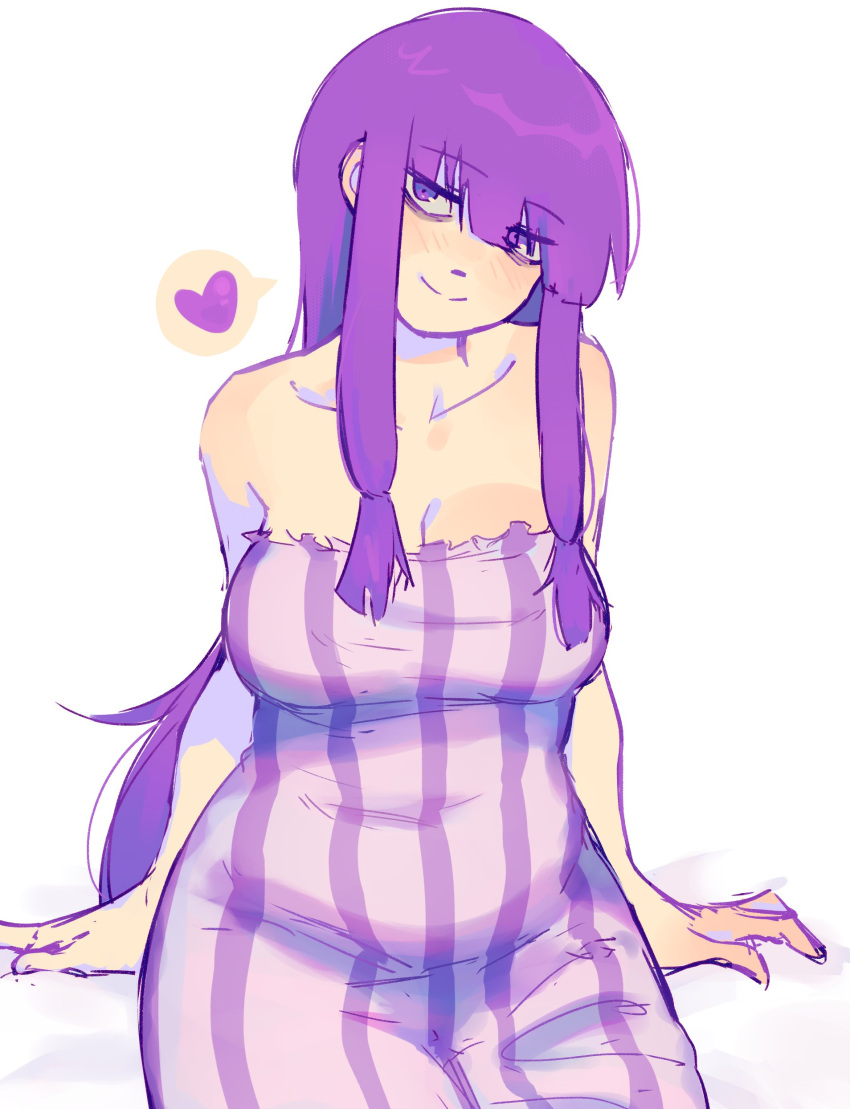1girl absurdres bags_under_eyes blush breasts cleavage commentary dress english_commentary head_tilt highres jess_(p2eocene) large_breasts long_hair looking_at_viewer patchouli_knowledge plump purple_eyes purple_hair sitting sketch smile solo strapless strapless_dress striped_clothes striped_dress touhou very_long_hair